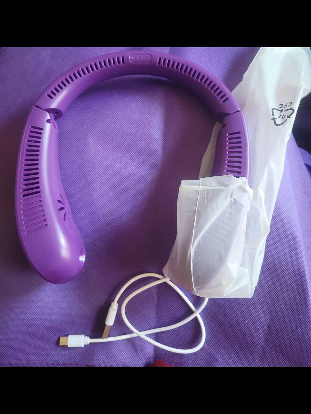 Purple Recharable And Portable Neck Fan With Mist. Damaged Box